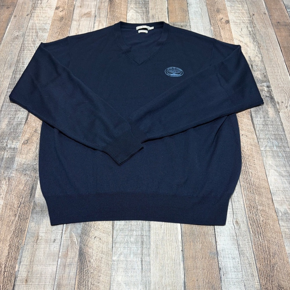 Peter Millar Sweater Mens L Navy Blue Merino Wool V-Neck‎ Logo Luxury 0456 PM